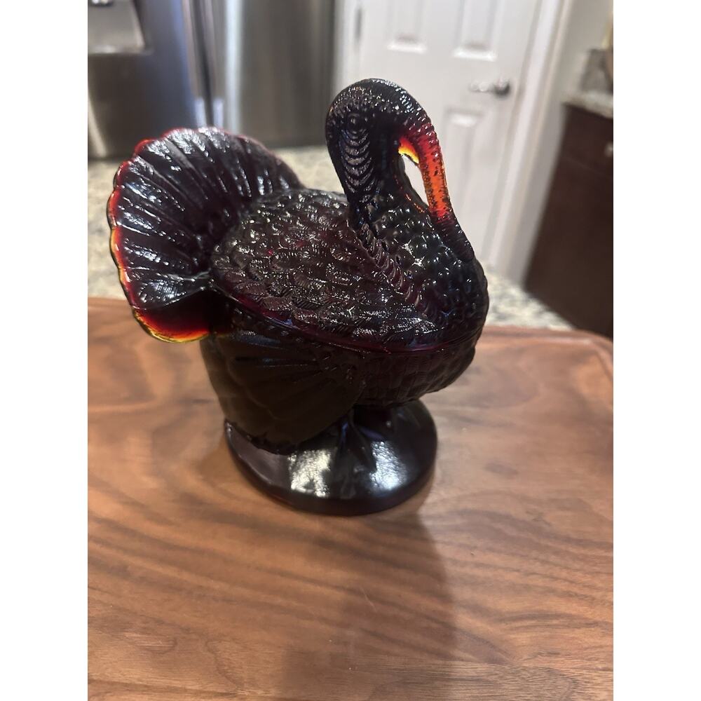 Vintage L.E. Smith Dark Red Glass Turkey on Nest 7.5" Tall Signed "S"